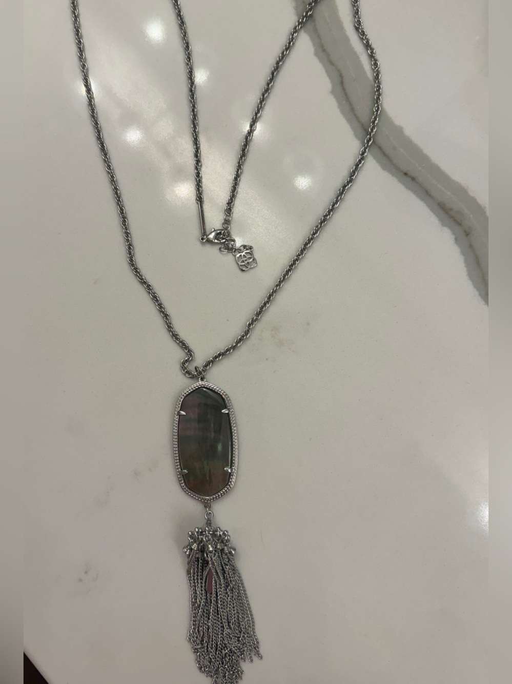 Kendra Scott Rayne long pendant necklace iridescent abalone silvertone chain